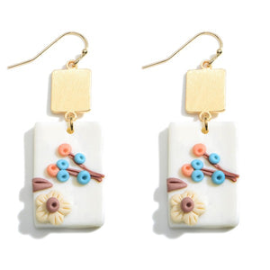 Square Floral and Gold Polymer Clay Fimo Dangle Earrings