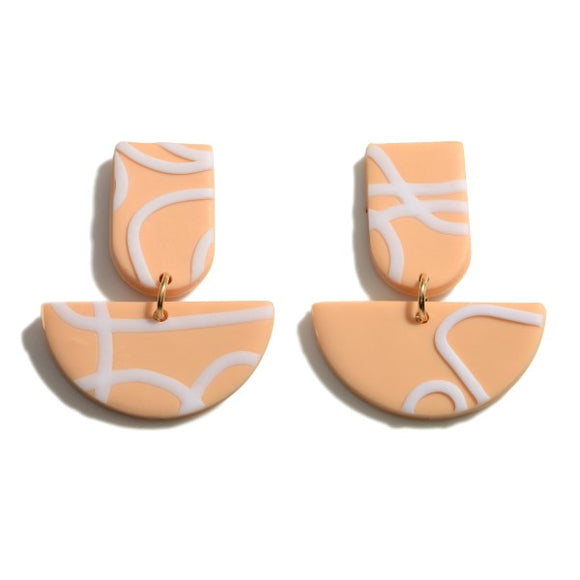 Taupe and White Dangle Polymer Clay Fimo Earrings Retro 80's
