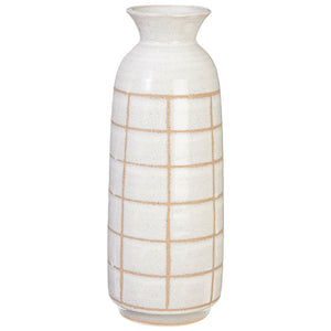 14.75” Tall Skinny Plaid Vase White Ceramic