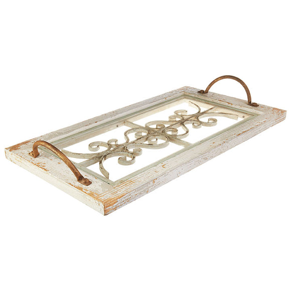 25.25” Glass, Wood And Metal Tray With Handles