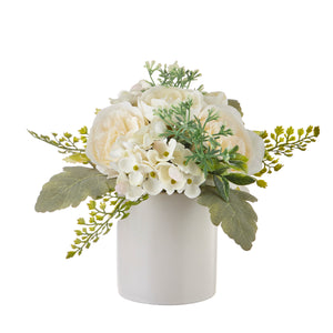 12" White Rose and Hydrangea Arrangement in Ceramic Pot