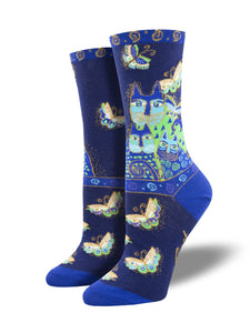 Women’s Socksmith Indigo Cats By Artist Laurel Burch Socks in Blue