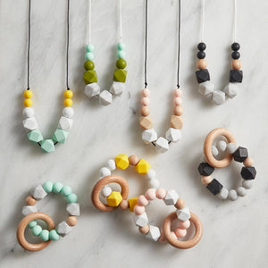 Yellow, Marble and Wood Teething Ring
