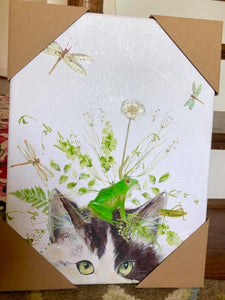 Fluffy Cat with Flowers, Frog & Dragonfly Art