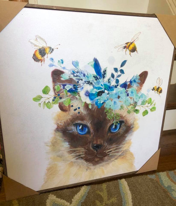 Siamese Cat with Flower Crown & Bees Art - Available in 3 Sizes & a Pillow