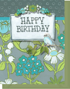 Happy Birthday Greeting Card - Blank Inside - Turquoise & Olive Flowers & Bird