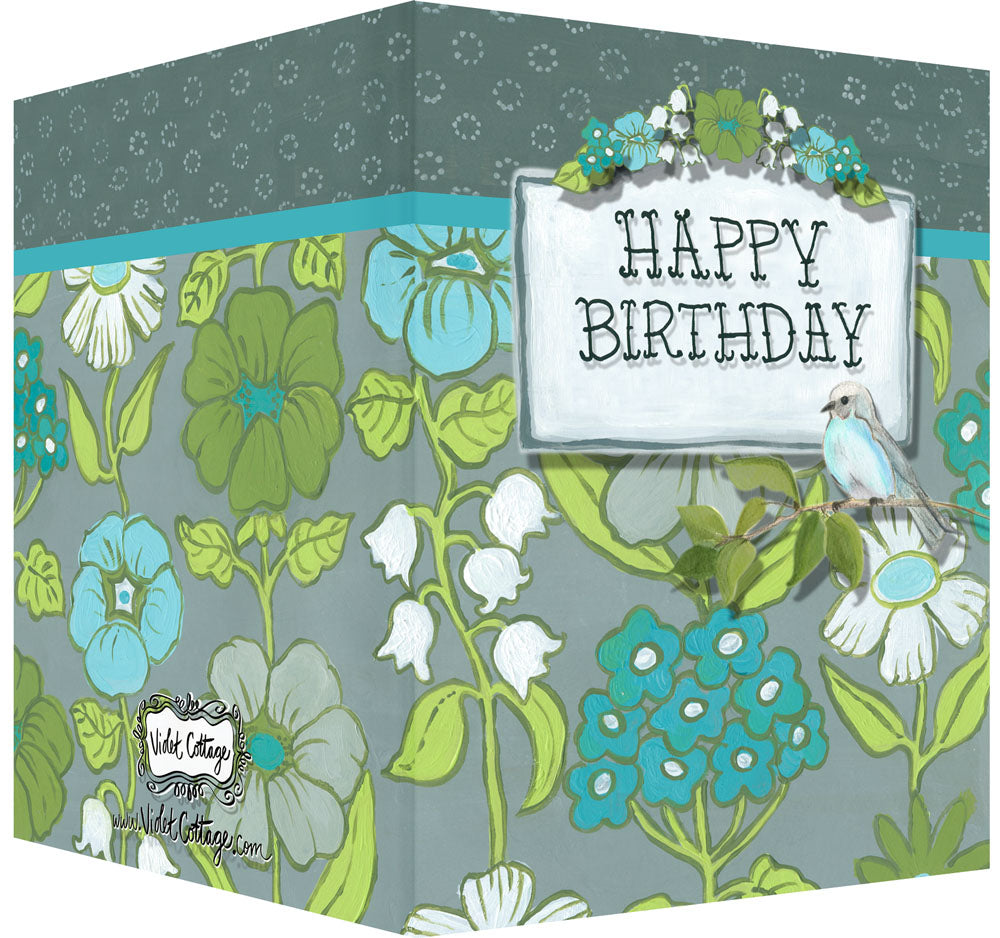 Happy Birthday Greeting Card - Blank Inside - Turquoise & Olive Flowers & Bird