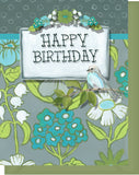 Happy Birthday Greeting Card - Blank Inside - Turquoise & Olive Flowers & Bird