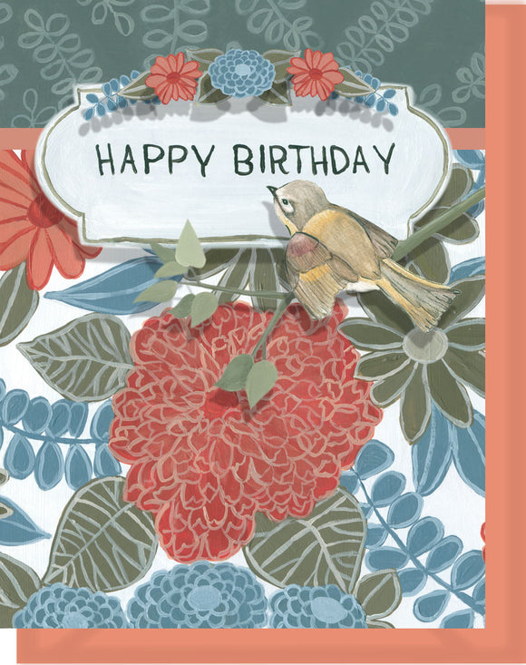 Happy Birthday Greeting Card - Blank Inside - Orange & Blue Flowers & Bird