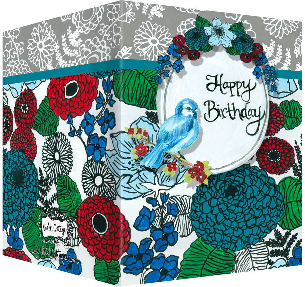 Happy Birthday Greeting Card - Blank Inside - Red & Turquoise Flowers & Bird