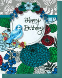 Happy Birthday Greeting Card - Blank Inside - Red & Turquoise Flowers & Bird