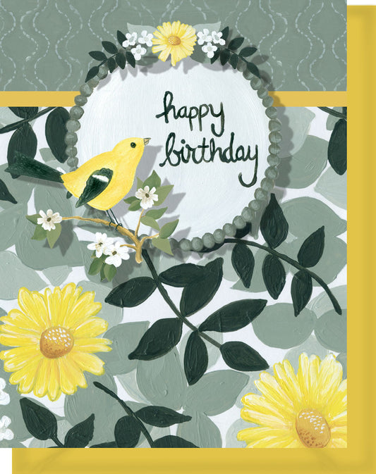 Happy Birthday Greeting Card - Blank Inside - Yellow & Black Flowers & Bird