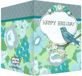 Happy Birthday Greeting Card - Blank Inside - Blue & Green Flowers & Bird