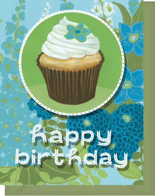 Happy Birthday Greeting Card - Blank Inside - Blue & Green Flowers & Cupcake