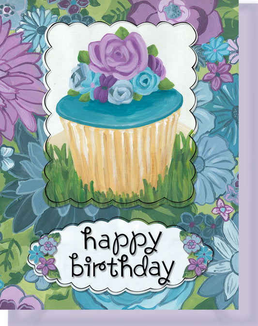 Happy Birthday Greeting Card - Blank Inside - Purple & Blue Flowers & Cupcake