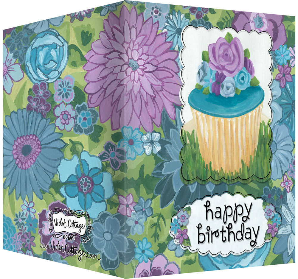 Happy Birthday Greeting Card - Blank Inside - Purple & Blue Flowers & Cupcake