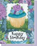 Happy Birthday Greeting Card - Blank Inside - Purple & Blue Flowers & Cupcake