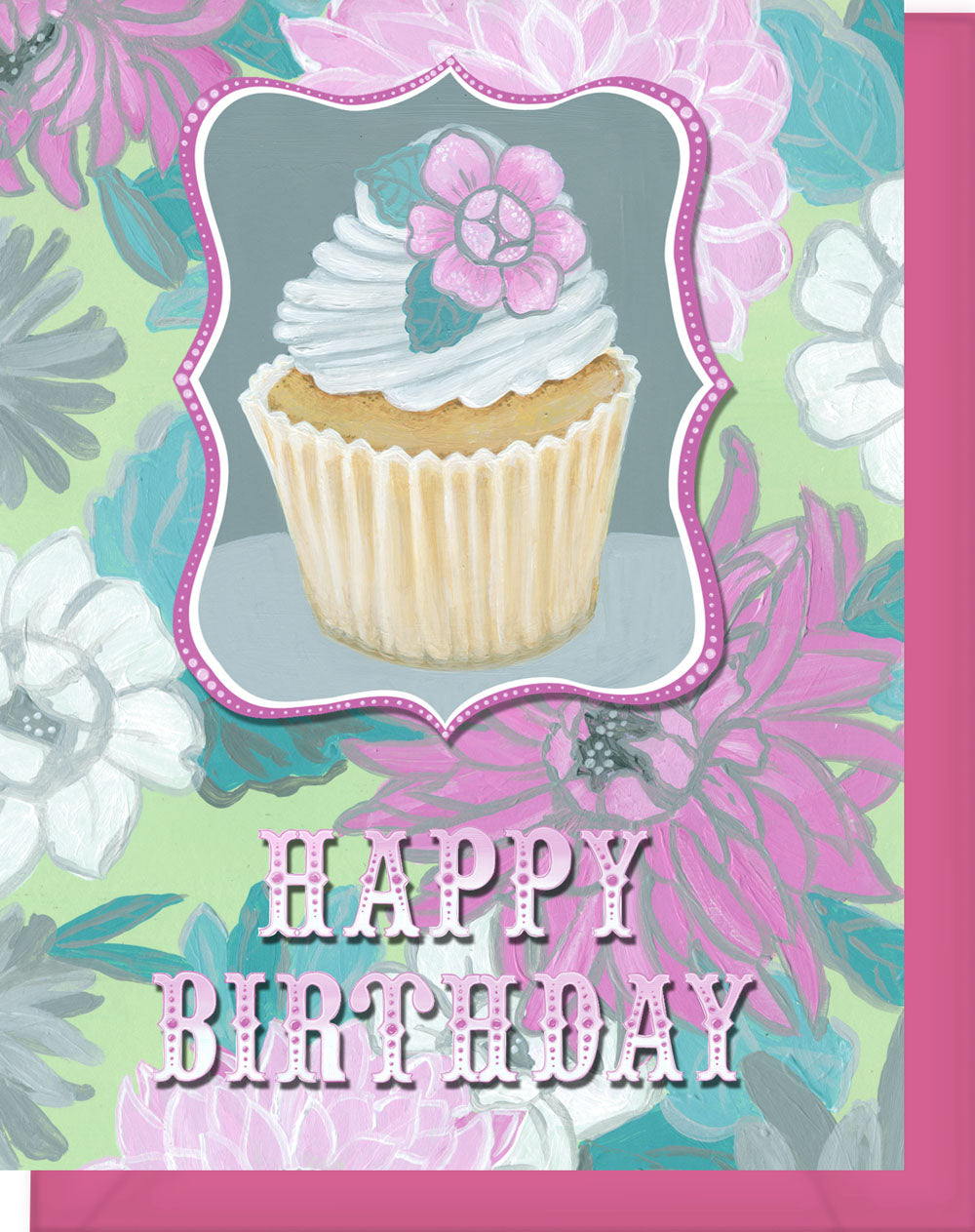 Happy Birthday Greeting Card - Blank Inside - Pink & Grey Flowers & Cupcake