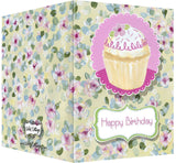 Happy Birthday Greeting Card - Blank Inside - Pink & Yellow Flowers & Cupcake