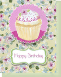 Happy Birthday Greeting Card - Blank Inside - Pink & Yellow Flowers & Cupcake