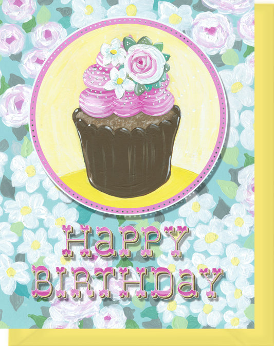 Happy Birthday Greeting Card - Blank Inside - Pink & White Flowers & Cupcake