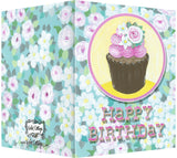 Happy Birthday Greeting Card - Blank Inside - Pink & White Flowers & Cupcake