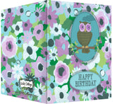 Happy Birthday Greeting Card - Blank Inside - Purple & Turquoise Flowers & Owl