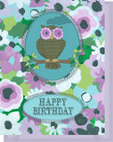 Happy Birthday Greeting Card - Blank Inside - Purple & Turquoise Flowers & Owl