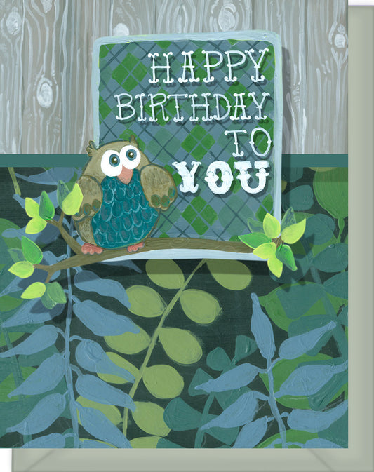 Happy Birthday Greeting Card - Blank Inside - Green Ferns & Wood with Owl