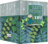Happy Birthday Greeting Card - Blank Inside - Green Ferns & Wood with Owl