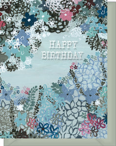 Happy Birthday Greeting Card - Blank Inside - Flower Clusters in Black, Blue, Green & Pink