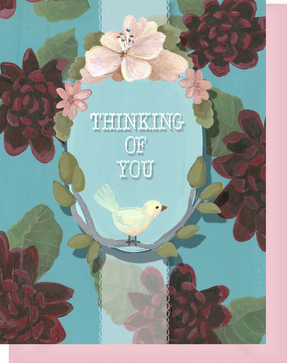 Thinking of You Greeting Card - Blank Inside - Red & Turquoise Flowers & Bird