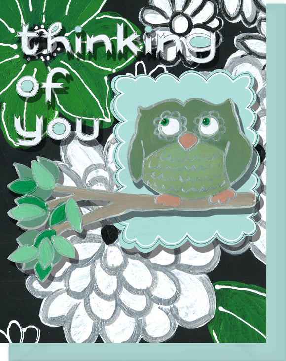 Thinking of You Greeting Card - Blank Inside - Green & White Flowers & Owl