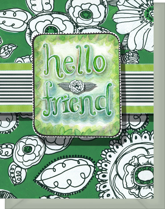 Hello Friend Greeting Card - Blank Inside - Green & White Flowers