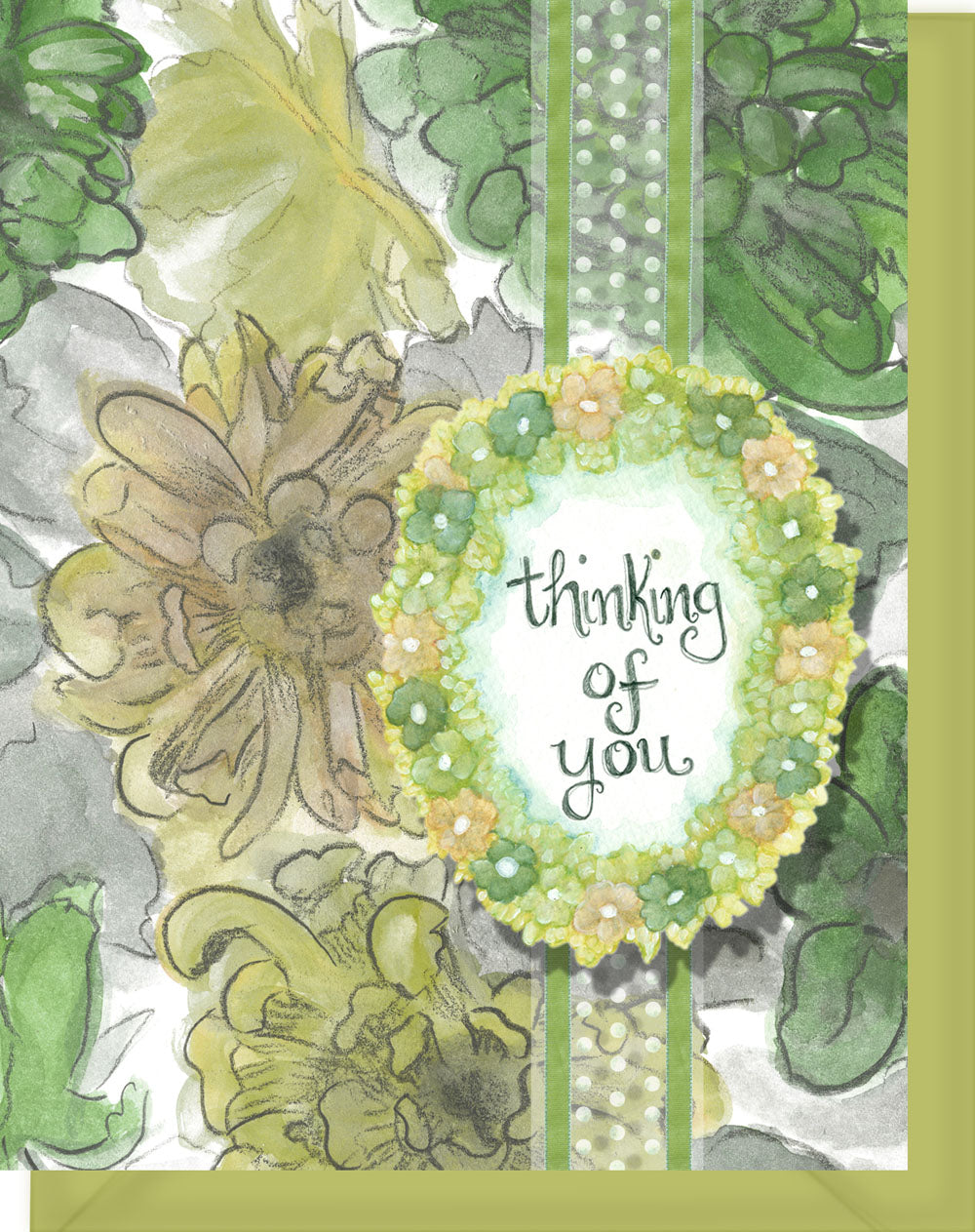 Thinking of You Greeting Card - Blank Inside - Green & Yellow Flowers