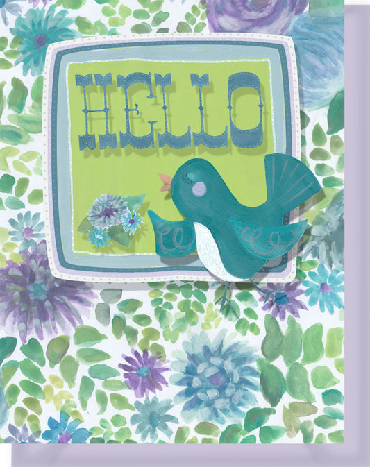 Hello Friend Greeting Card - Blank Inside - Purple & Turquoise Flower with Bird