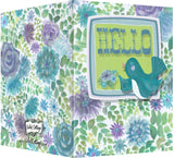 Hello Friend Greeting Card - Blank Inside - Purple & Turquoise Flower with Bird