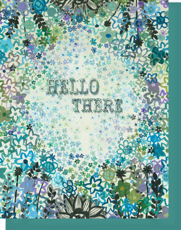Hello There Greeting Card - Blank Inside - Blue & Gray Floral Card