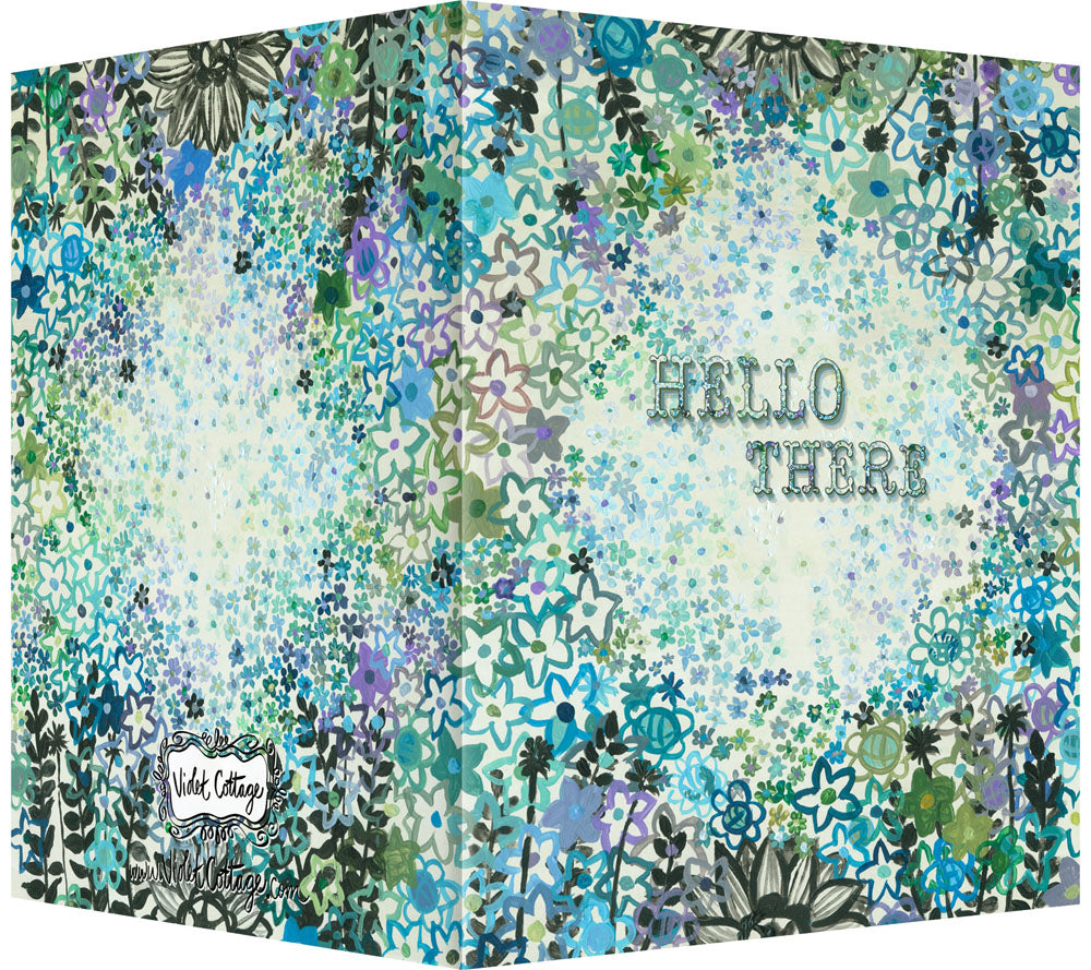 Hello There Greeting Card - Blank Inside - Blue & Gray Floral Card