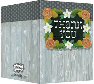 Thank You Greeting Card - Blank Inside - Wood with Orange & Cream Flowers