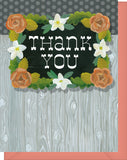 Thank You Greeting Card - Blank Inside - Wood with Orange & Cream Flowers