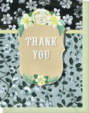 Thank You Greeting Card - Blank Inside - Black & White Flowers with Yellow Frame