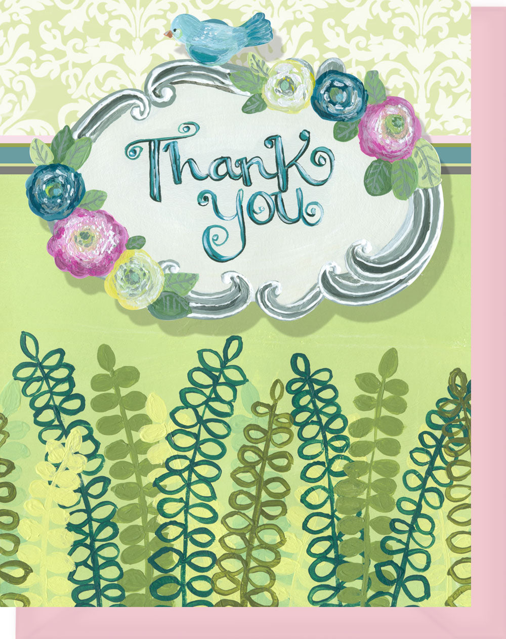 Thank you Greeting Card - Blank Inside - Pink, Lime, Turquoise Flowers & Ferns