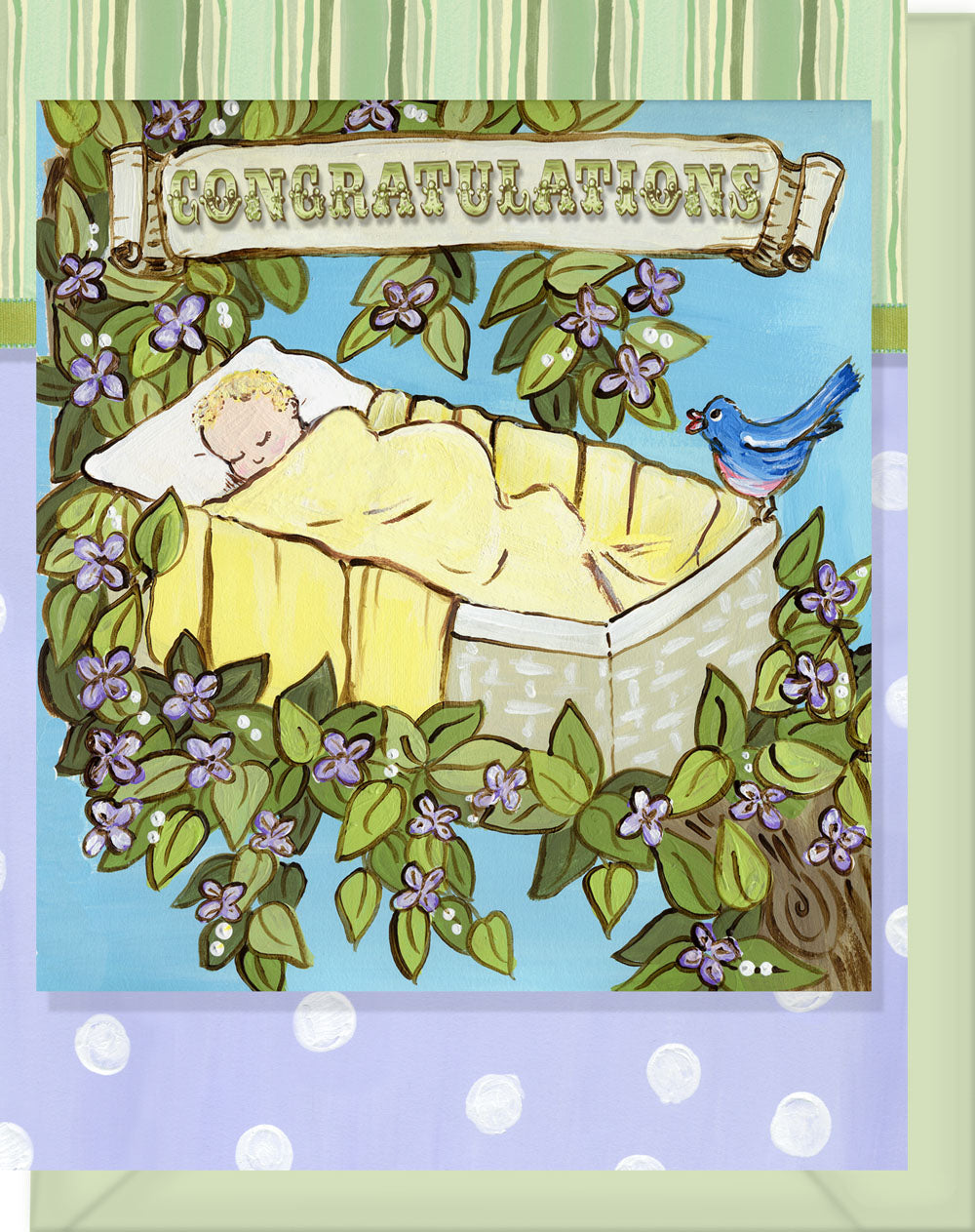 Welcome Baby Congratulations Greeting Card - Blank Inside - Rock-a-bye Baby in Tree with Bird
