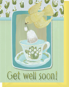 Get Well Soon! Greeting Card - Blank Inside - Yellow Bird with Teacup & Lilies