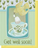 Get Well Soon! Greeting Card - Blank Inside - Yellow Bird with Teacup & Lilies