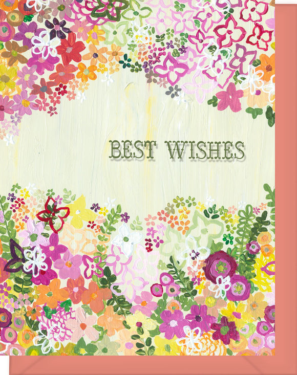 Best Wishes Greeting Card - Blank Inside - Wedding, Congratulations etc - Pink & Orange Flowers