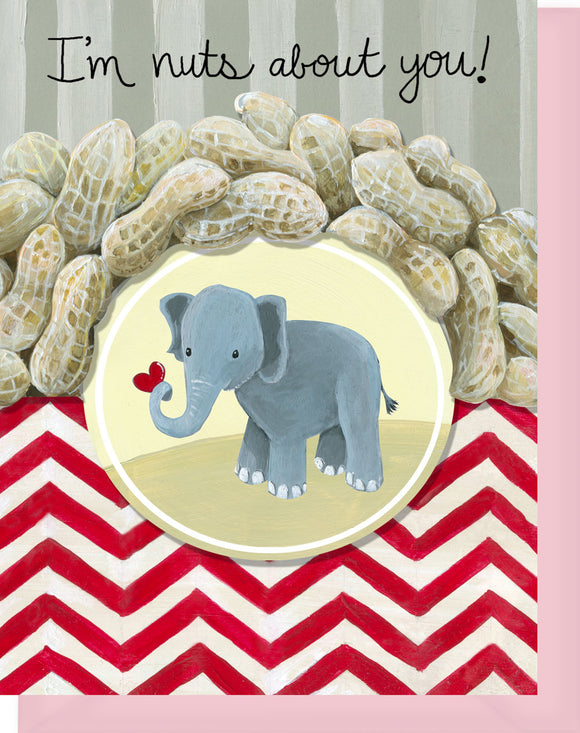 Nuts About You Greeting Card - Blank Inside - Elephant with Heart & Peanuts