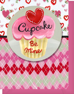 Be Mine Cupcake Greeting Card - Blank Inside - Hearts, Flowers, Argyle and a Valentine Cupcake