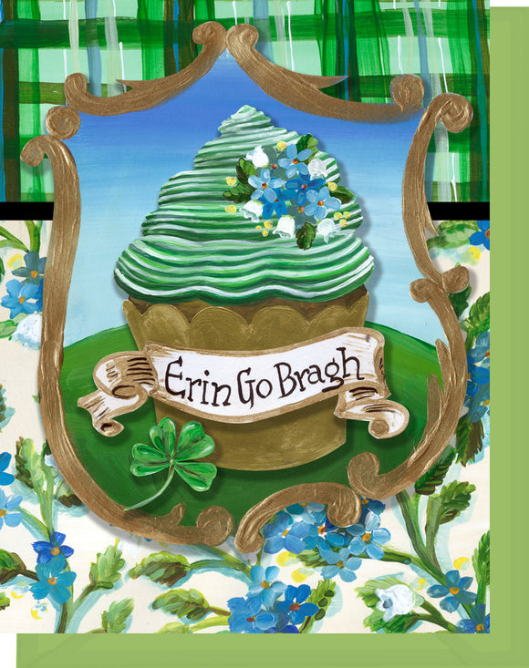 St. Patrick's Day Cupcake Greeting Card - Blank Inside - Erin Go Bragh with Floral & Plaid